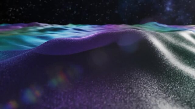 Cosmic Sand Dunes: Ethereal landscape of iridescent, undulating sand dunes under a starry night sky, evoking a sense of alien beauty and cosmic wonder.