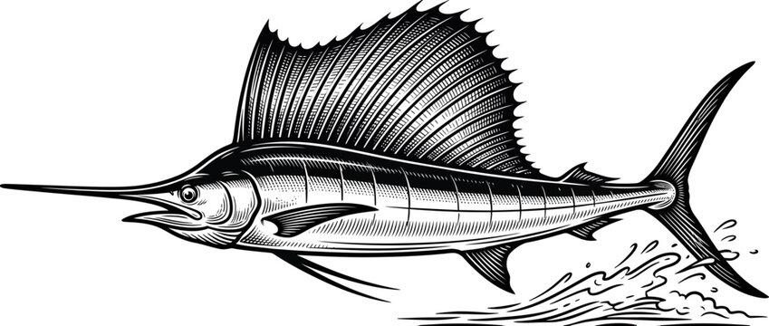 Vintage Sailfish Leaping From Water, Engraved Style