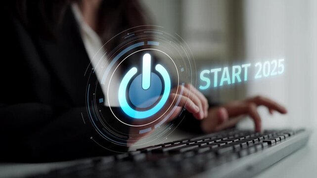 Start 2025 concept with futuristic power button symbolizing fresh beginnings, innovation, and digital transformation. Start 2025, new goals, and start 2025 initiative. Muxer