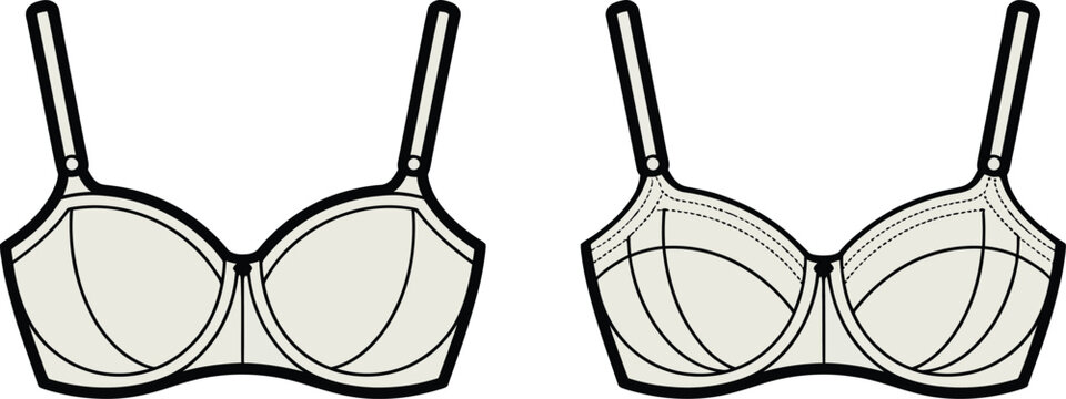 Technical fashion sketch of two different styles of women bras for lingerie design and apparel manufacturing production