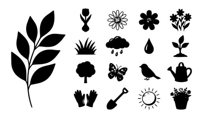Gardening and spring nature silhouette vector set featuring a large leaf branch flowers bird butterfly cloud rain shovel watering can and botanical growth symbols © Mdanowrul