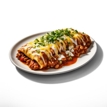 A large, oval-shaped enchilada rests on a white plate. The enchilada is filled with seasoned ground beef, beans, and a rich red sauce.