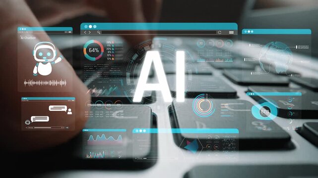 AI Technology Visualization with Data Analytics, Chatbot Icons, and Graphical User Interface Elements on a Keyboard Background Sigmoid