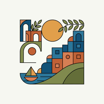 A minimalist flat vector illustration featuring an abstract Mediterranean coastal village with geometric buildings, a small sailboat on calm blue water, a radiant sun, and stylized green foliage branc