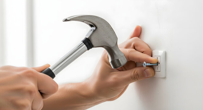 Dangerous DIY mistake: A person's hand attempts to hammer a metal screw into an electrical wall outlet, creating an immediate and severe electrical hazard. This image highlights improper tool usage,