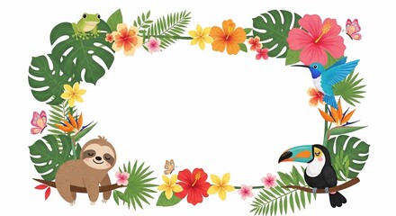 Fototapeta premium Jungle Jamboree: A whimsical border alive with tropical charm, playful creatures, and vibrant blooms.