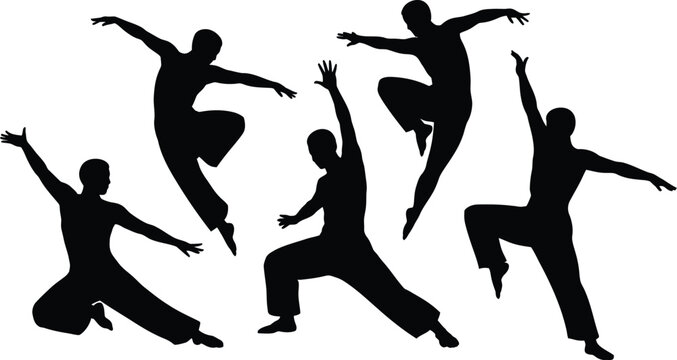 Set of black silhouettes showing people practicing martial arts and dynamic kung fu fighting moves on white background
