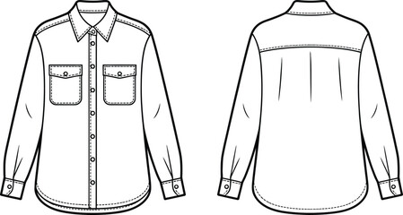 Technical fashion sketch of a long sleeve button down shirt with front and back views for design © MdAnowar