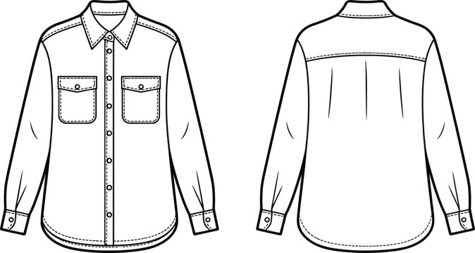 Technical fashion sketch of a long sleeve button down shirt with front and back views for design