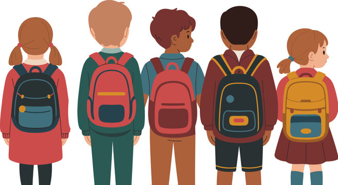 Diverse group of young school children standing in a row wearing colorful backpacks viewed from the back