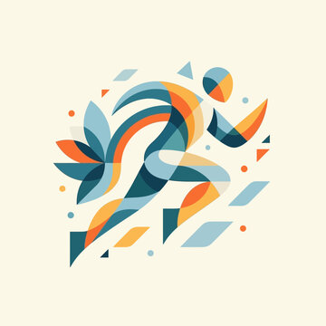 A dynamic geometric illustration featuring a stylized runner in abstract motion, rendered with a vibrant palette of teal, orange, and light blue shapes set against a cream background, conveying energy