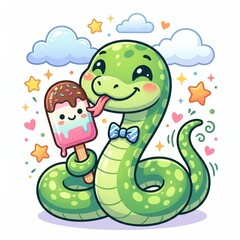Fototapeta premium Adorable Cute Cartoon Snake with an Ice cream Bar. Vector illustration of the animal with stars and clouds, vector isolated on white
