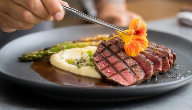 Meticulously plated gourmet grilled steak with edible flower by a chef