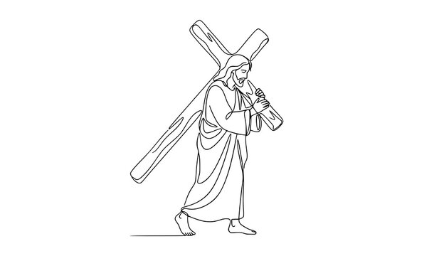 Minimal One Line Drawing of Jesus Carrying Wooden Cross Continuous Christian Vector Illustration