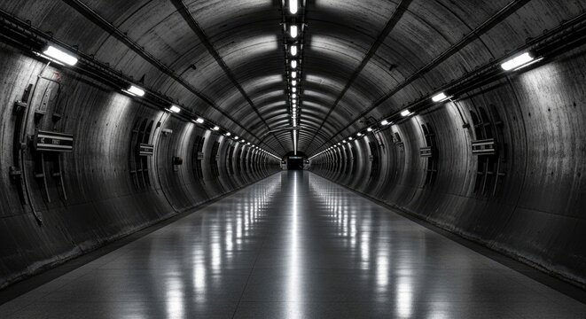 A long, dark tunnel stretches into the distance, illuminated by evenly spaced lights. The tunnel walls are constructed of concrete and feature a ribbed ceiling.