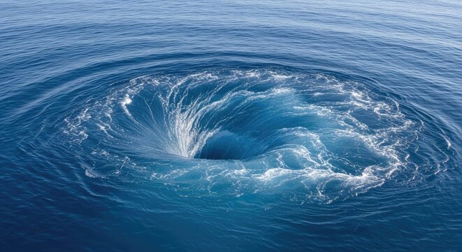 A powerful vortex forms in the deep blue ocean. The swirling water creates a dark, circular hole in the surface, generating a dramatic visual effect.