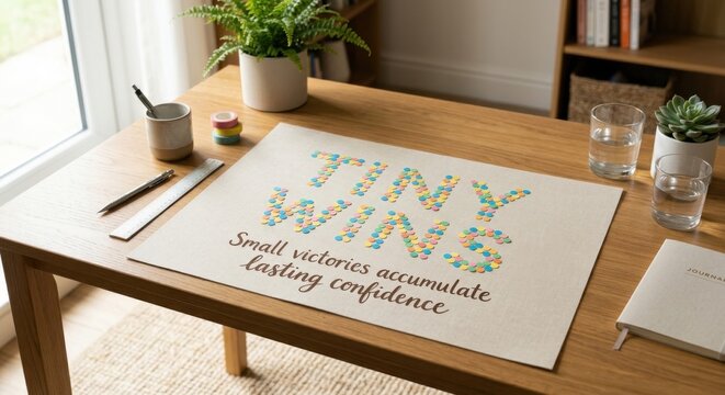 Tiny Wins Title Card with Inspirational Quote and Decorative Dots on a Wooden Table