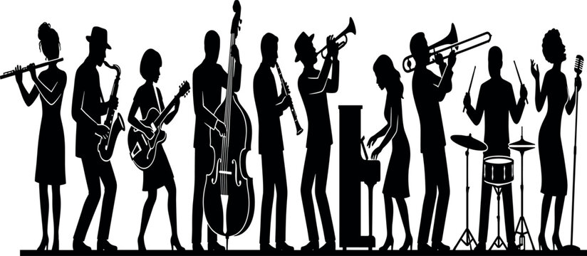 Live jazz band silhouette collection with musicians playing saxophone guitar double bass trumpet piano trombone drums and vocal singing performance