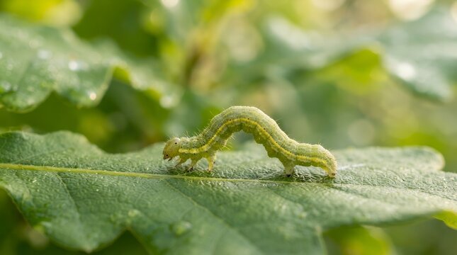 Green inchworm caterpillar crawling on vibrant oak leaf