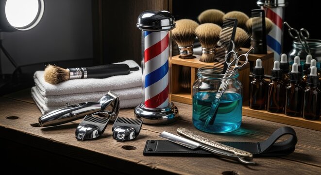 A barber shop setup is displayed on a rustic wooden table. A striped pole stands prominently, surrounded by various barber tools.