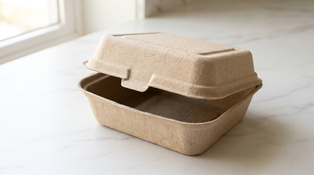 Blank biodegradable molded pulp food container mockup on white marble surface