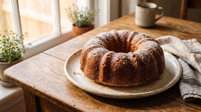 Bermudian rum cake Emancipation Day feast on a plate in a rustic home kitchen interior