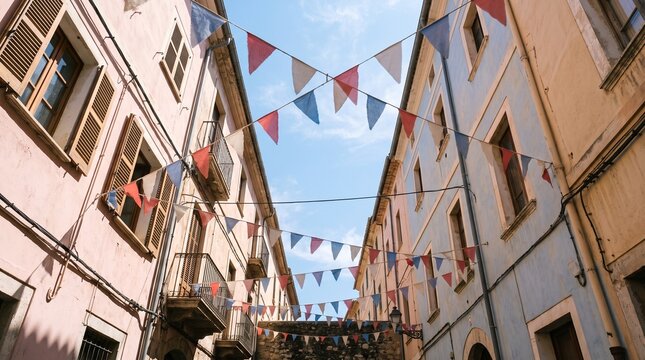 Festive Bunting Between Pastel Buildings: Emancipation Day Celebration View