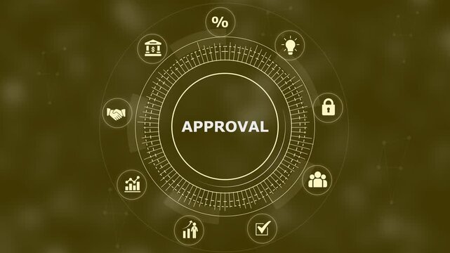 Digital interface showing the word aproval surrounded by a circular ring of business on a dark olive green background with light nodes