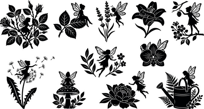 Garden fairy silhouettes magical mythical creatures flowers mushroom watering can botanical vector icon collection set
