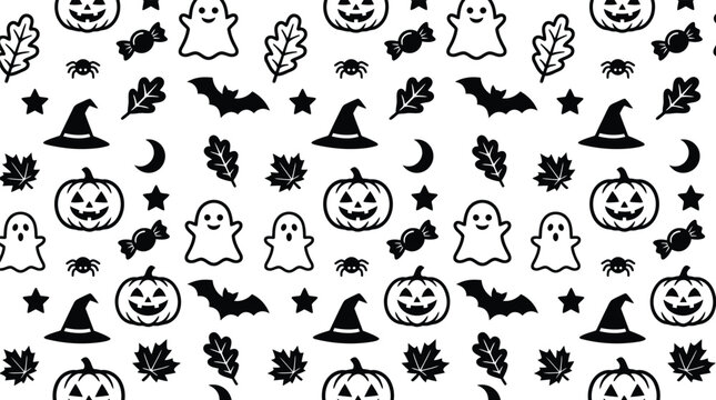 Halloween seamless pattern vector, spooky black and white holiday background, cute jack o lantern pumpkin and ghost doodle wallpaper for gift wrap