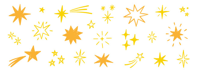 Star hand crayon icon set. Hand drawn star hand crayon icon sketch line brush sparkle pattern. Cute moon sun magic twinkle glitter blackboard texture background. Vector illustration © Polina Tomtosova