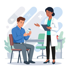 Obraz premium Doctor Consults Patient with Prescription Medicine in Clinic - Vector Illustration