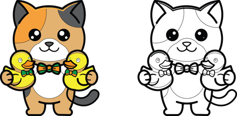 Naklejka premium A cute cartoon calico cat wearing a bow tie holding two yellow rubber ducks shown in both a colorful version and a black and white