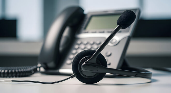 Professional customer service headset resting on an office desk next to a modern VoIP desk phone, representing remote business communication, technical support, call center operations, and corporate
