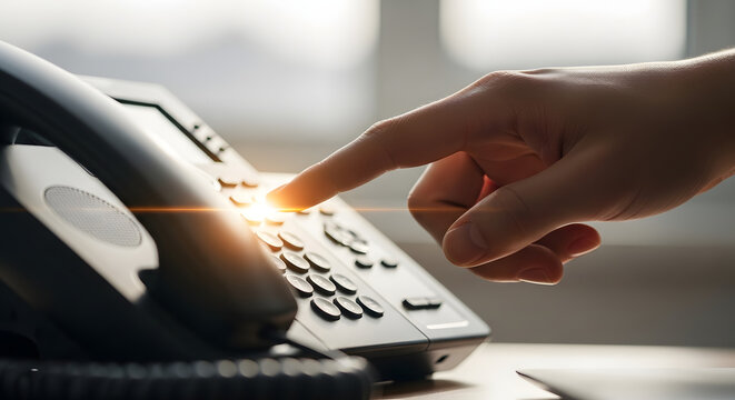 Close up of a person's hand dialing a number on an office landline telephone keypad, symbolizing business communication, customer support, contact centers, and professional telemarketing services.