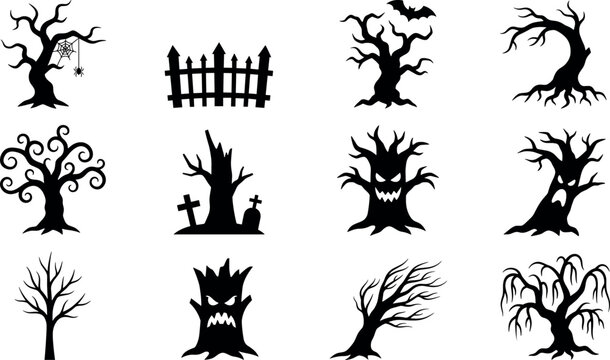Halloween spooky dead trees silhouette set featuring creepy monster trunks graveyard fence scary branches and haunted forest elements vector