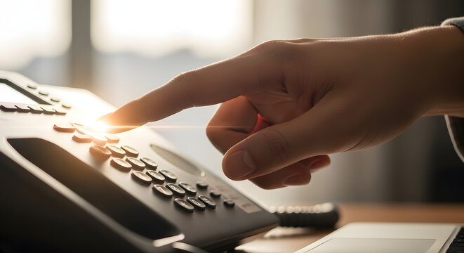Close-up of a person's finger pressing a button on a modern office desk phone, with warm sunlight and lens flare, symbolizing communication, connection, and business operations. High-quality,