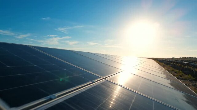 Solar panel array at sunset, reflecting bright sun on blue sky, alternative energy concept, clean power generation, renewable resource, sustainable technology
