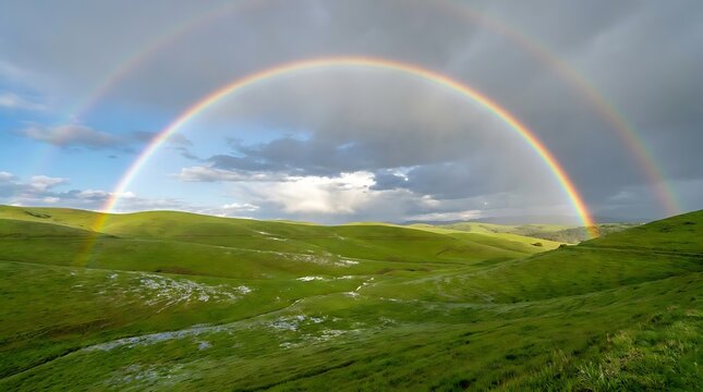 Vibrant double rainbow spanning across lush green rolling hills.