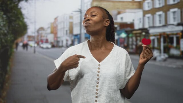 Young woman holds small red heart between fingers on a city street, points to chest with pursed lips and confident pose; self love confidence.