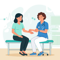 Obraz premium Doctor examining patient's arm in medical clinic with flat design illustration style and ECG line in background.