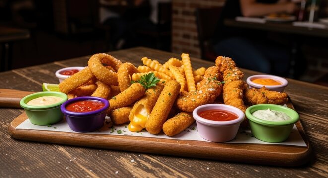 A wooden board displays a generous assortment of fried foods. Golden-brown onion rings, curly fries, and breaded chicken pieces are arranged artfully.