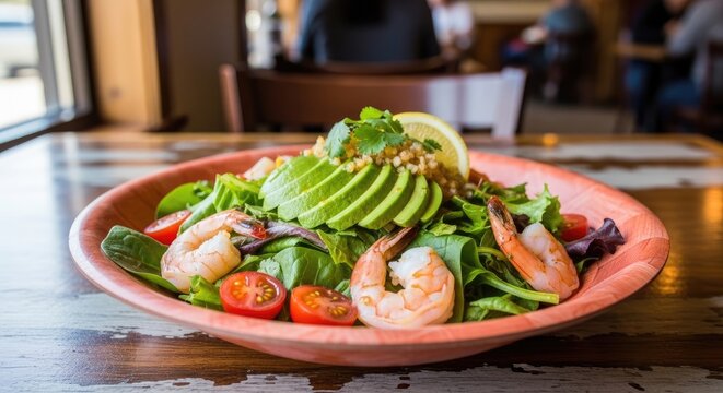 A vibrant shrimp avocado salad sits on a rustic wooden table. The salad features mixed greens, sliced tomatoes, avocado slices, and succulent shrimp.