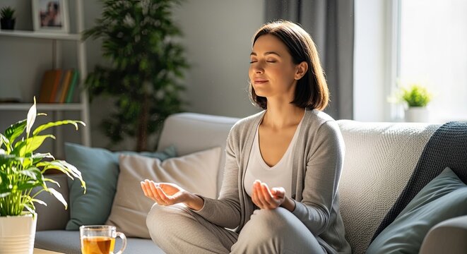 A serene woman sits cross-legged on a comfortable sofa, meditating with her eyes closed and hands in prayer position. She holds a cup of tea and is bathed in warm sunlight streaming through a window.