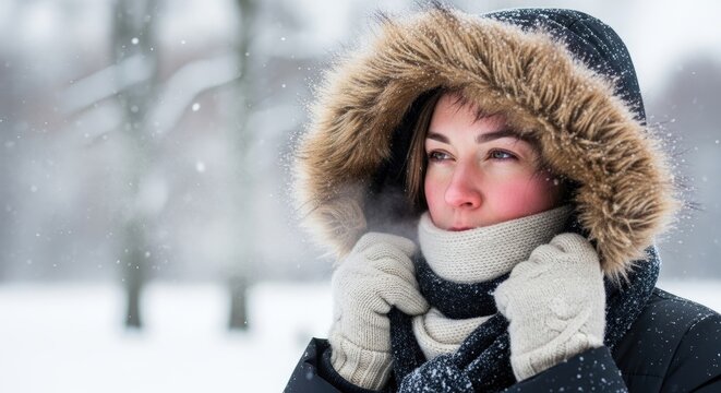 A young woman stands outdoors in a snowy landscape. She wears a dark hooded parka with a fluffy fur-trimmed hood, a thick knitted scarf, and white gloves.