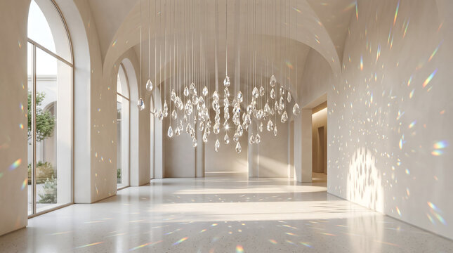 Elegant hall with hanging crystal drop prisms creating colorful rainbow light refractions on white walls