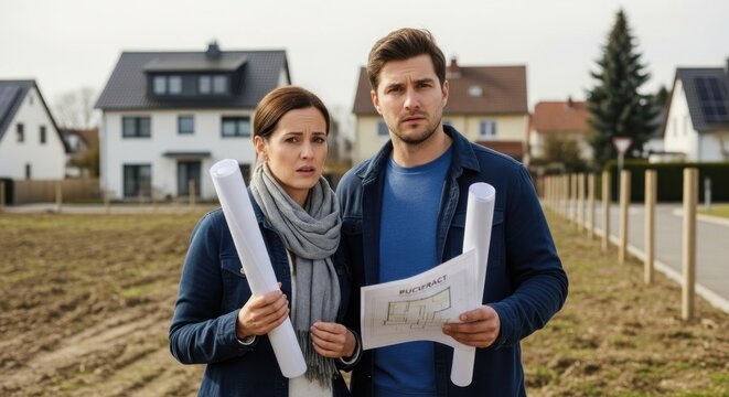 A couple holding blueprints in front of a construction site.
