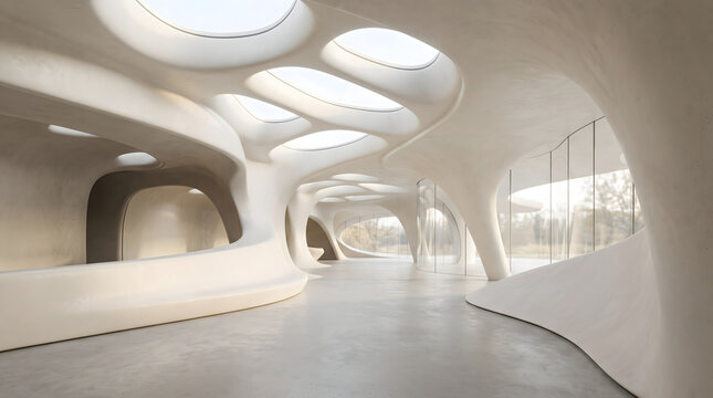 Bright interior of modern fluid pavilion featuring futuristic organic skylights and curved plaster walls
