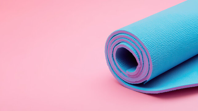 Yoga mat featuring a bright blue color is captured in a rolled position against a soft pink backdrop to emphasize contrast and modern design elements for fitness and health-related digital media.
