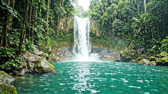 Lush tropical rainforest waterfall cascading into a vibrant turquoise pool, with a rainbow visible in the mist, serene natural landscape